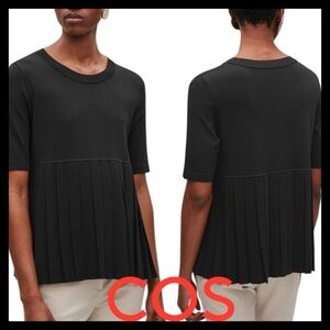 COS Black Pleated Hem Short Sleeve Top (XS/S)